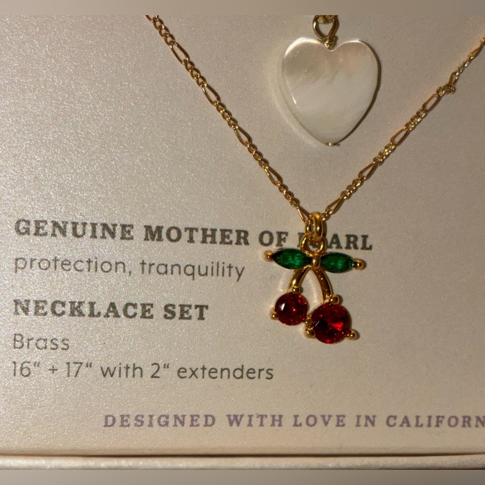 LUNA NORTE Mother of Pearl Heart & Crystal Cherries Pendant 2 Necklaces NEW NWT - Picture 4 of 5